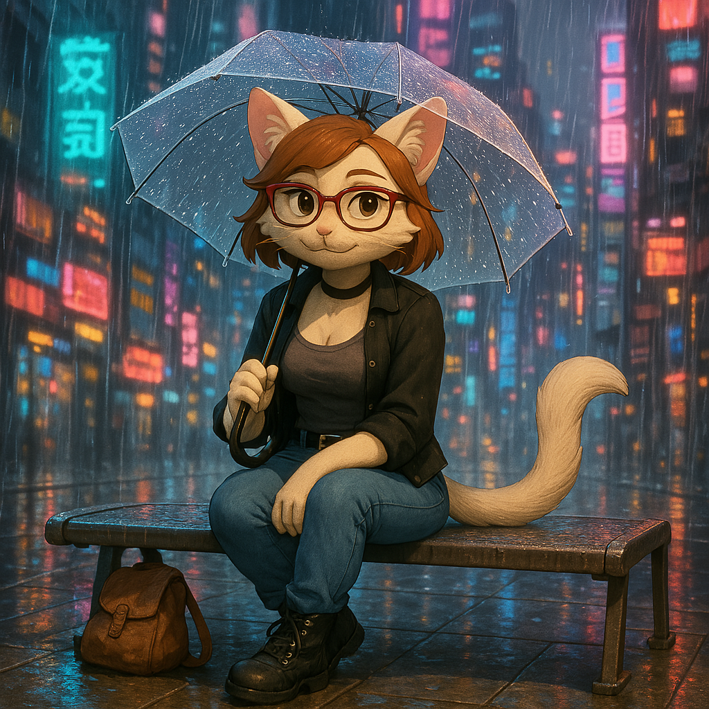 A cartoon cat in a futuristic cyberpunk city setting